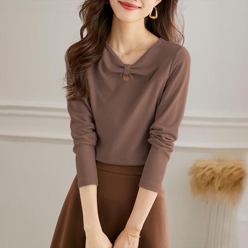 YYFS Women's Fashion Casual Spring Fall Solid Color Print Long Sleeve V-Neck Blouses & Shirts