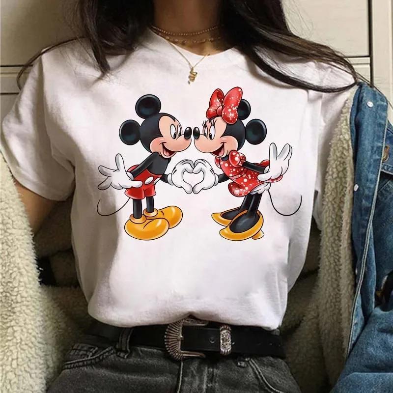 Funny Disney Women T-shirt Cute Cartoon Mickey Minnie Graphic Casual Short Sleeve T Shirt Female Kawaii Loose Y2K Clothing Tops