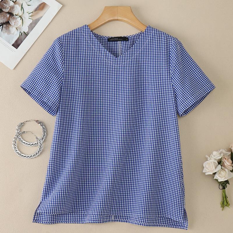 ZANZEA Women Casual V-Neck Grid Print Loose Short Sleeve Blouse