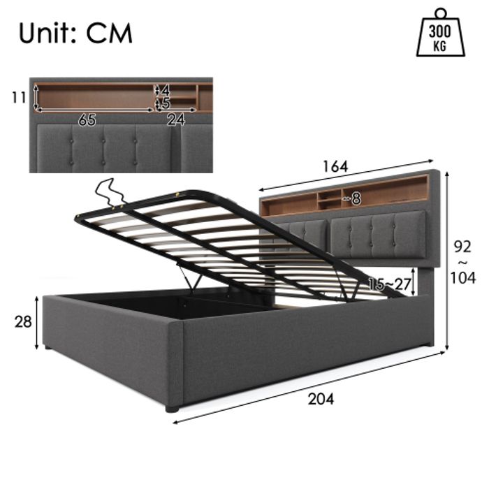 Lit Double - MUVOE - 160x200 - Tête De Lit Capitonnée - Prise USB Intégrée - Rangement Spacieux