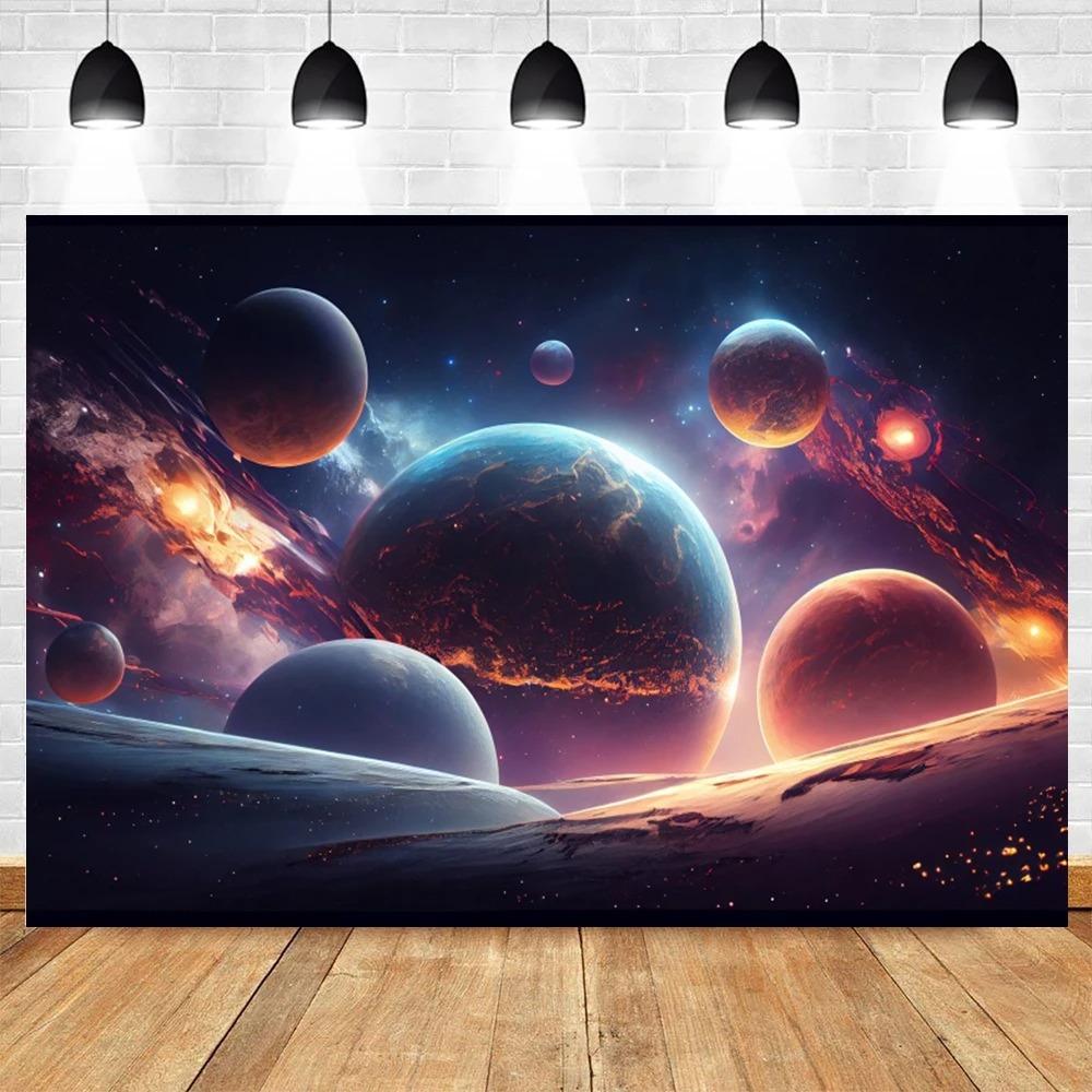 Happy Birthday Party Decor Outer Space Photography Background Custom Astronaut Rocket Galaxy Planet Photo Kids Gift Baby Shower