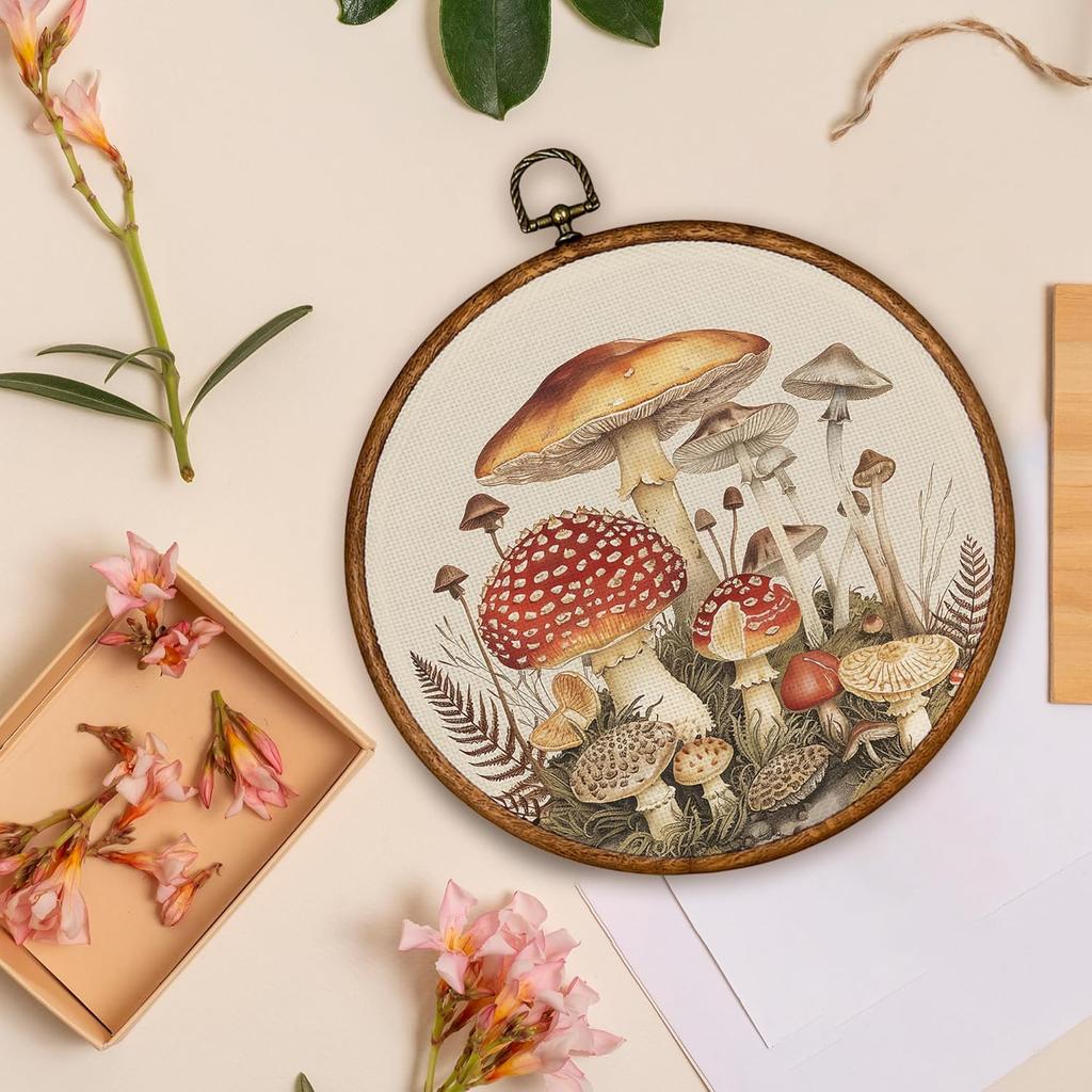 BCUANGD Vintage Mushroom Round Wall Art Decor - Retro Boho Botanical Wall Art Canvas Frame Artwork Prints, Neutral Cottagecore Round Wall Hanging