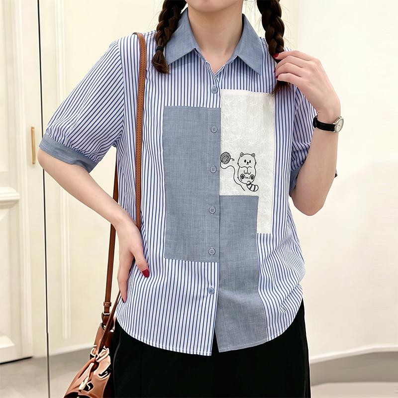 ZANZEA Women Casual Turn Down Collar Loose Short Sleeve Stripe Blouse
