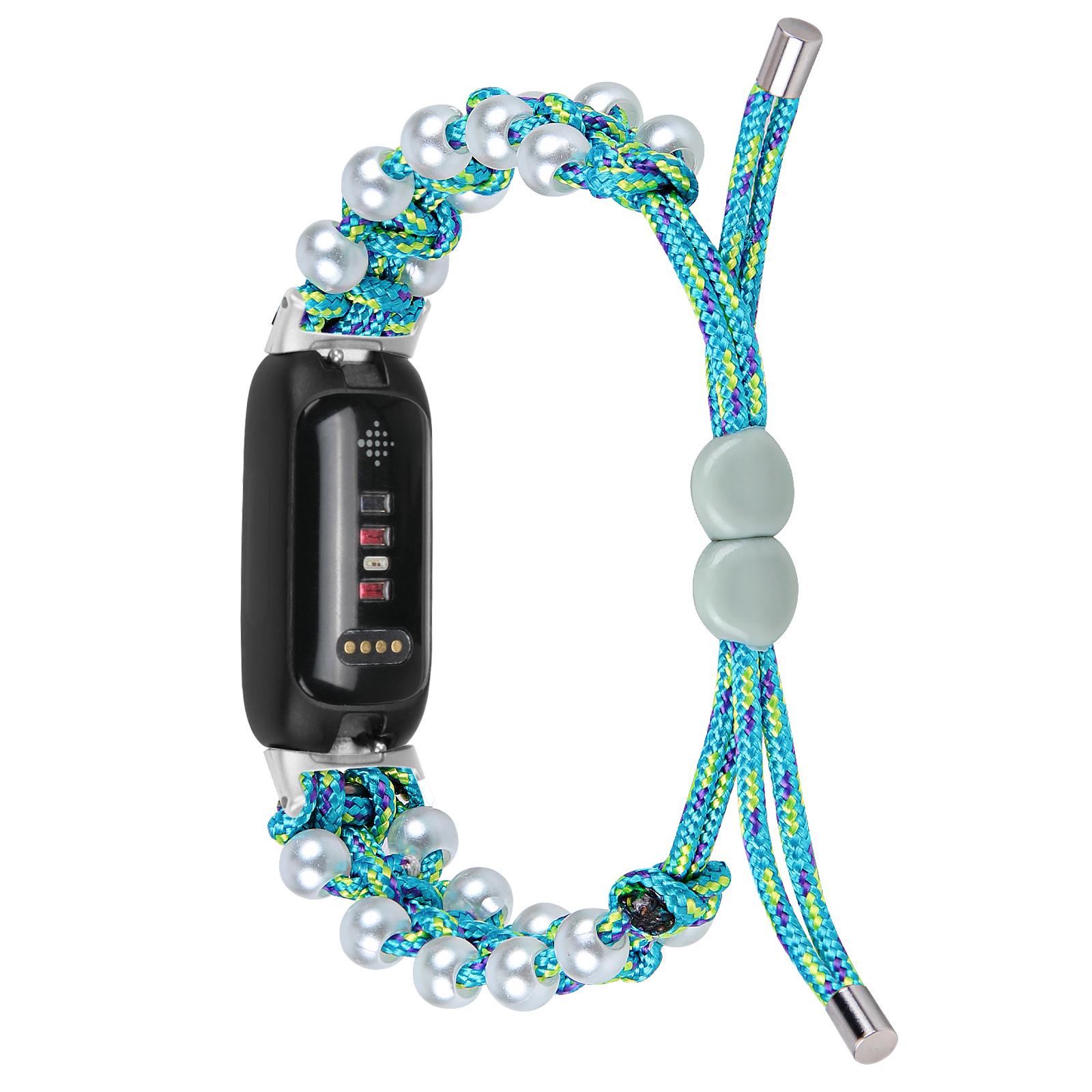

For Fitbit Inspire 3 Pearl Decor Adjustable Braided Rope Wrist Band Stylish Smart Watch Strap Blue