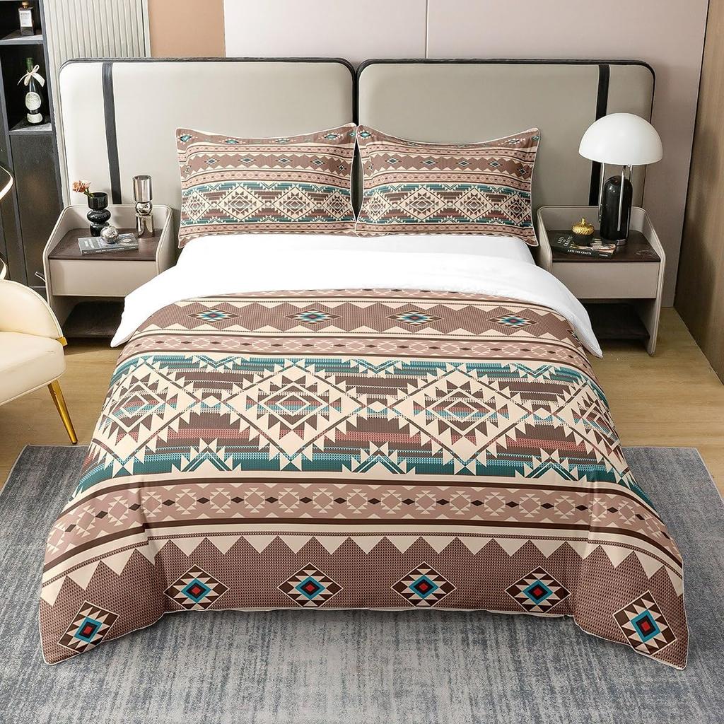 Western Duvet Cover,Exotic Bohemian Native Indian Tribal Quilt Cover,Vintage Geometric Triangle Boho Bedding Set with Pillowcase