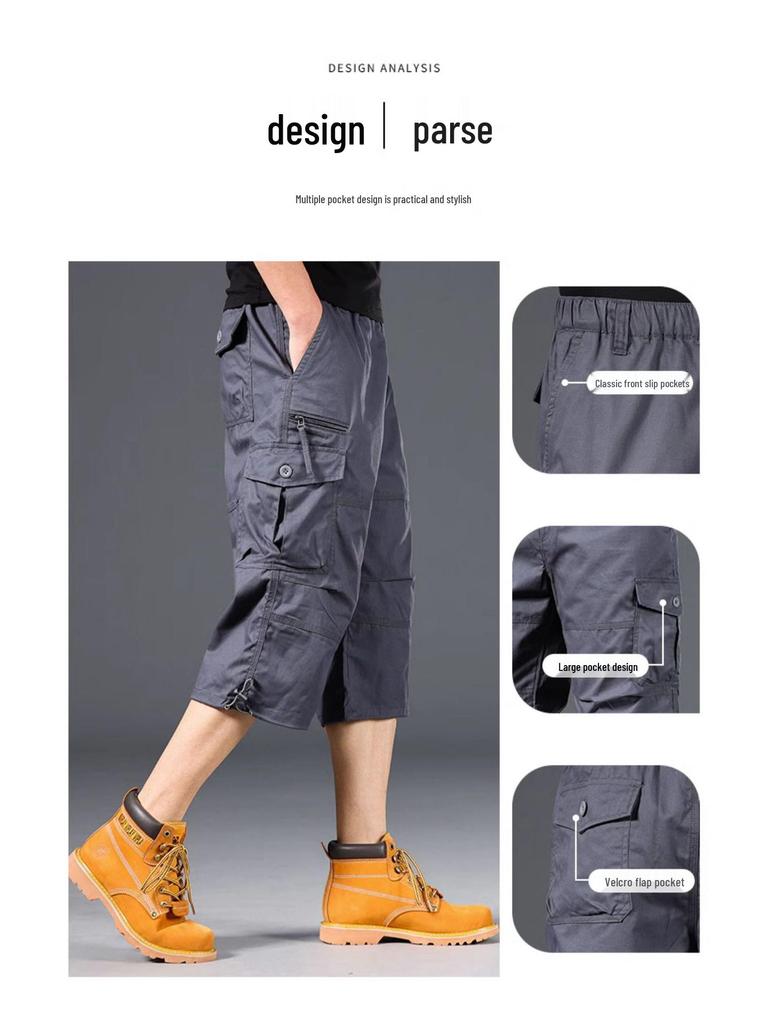 Men's Plus Size Summer Cargo Shorts - Pure Cotton, Multi-Pocket, Casual Sport Capri.