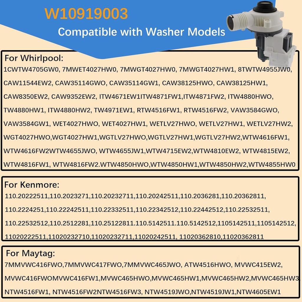 W10919003, W10775446 Washer Drain Pump Compatible with Whirlpool, Kenmore, Maytag Washing Machine Pump, Replaces B25-3A04, AP6038235, PS11770076