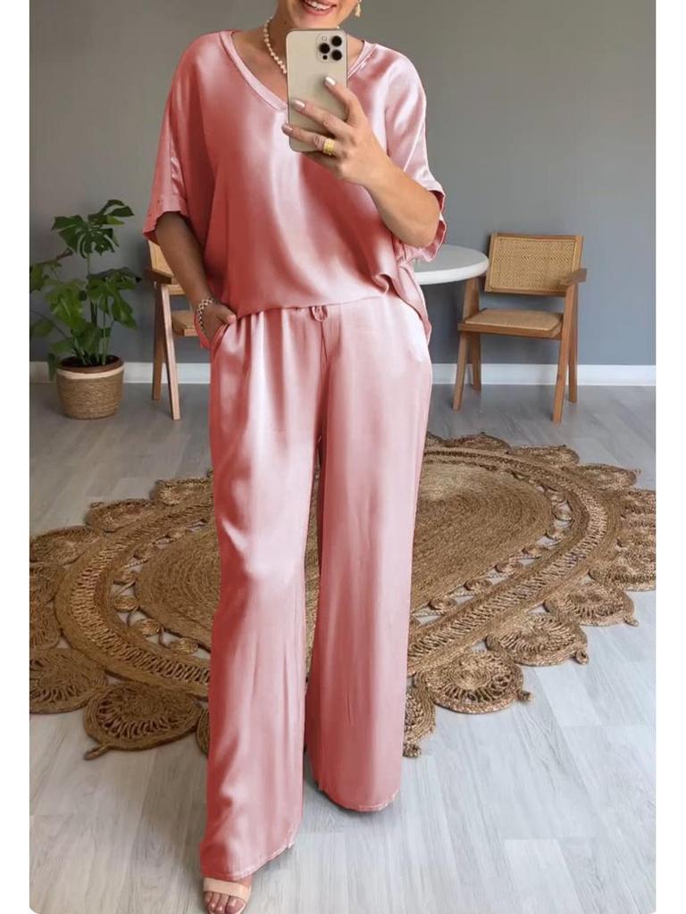 2024 European American Summer Style V-neck Silk Casual Women's Suit