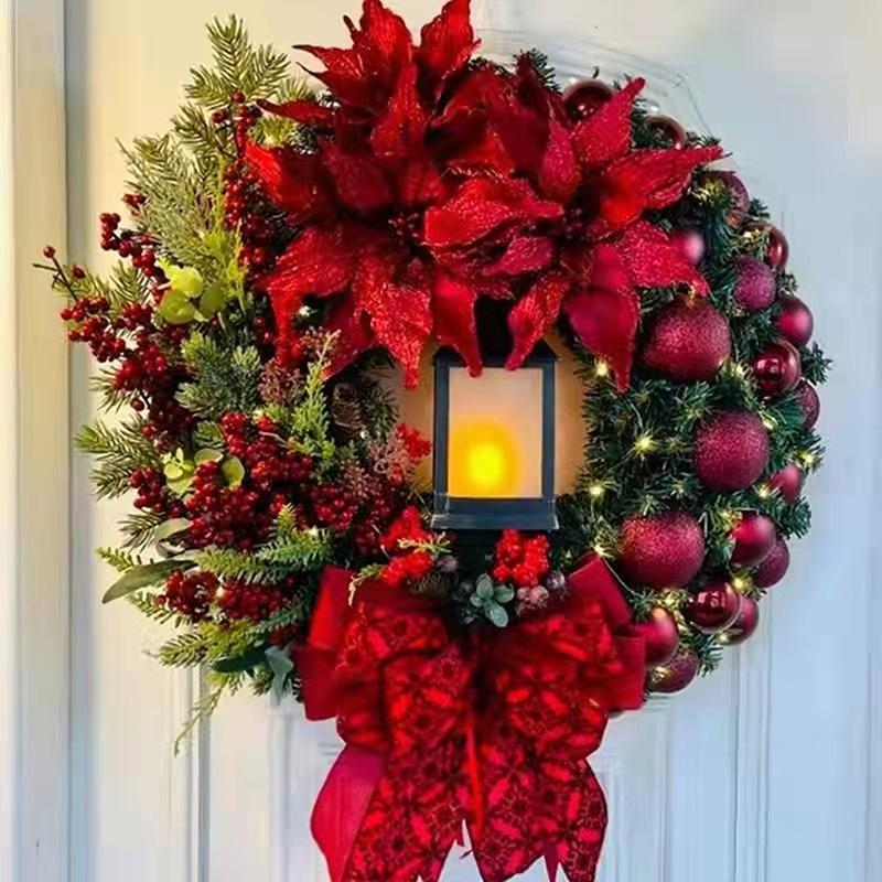 Large Artificial Lighted Christmas Wreath With Bow Ribbon Xmas Ball For Front Door Decor