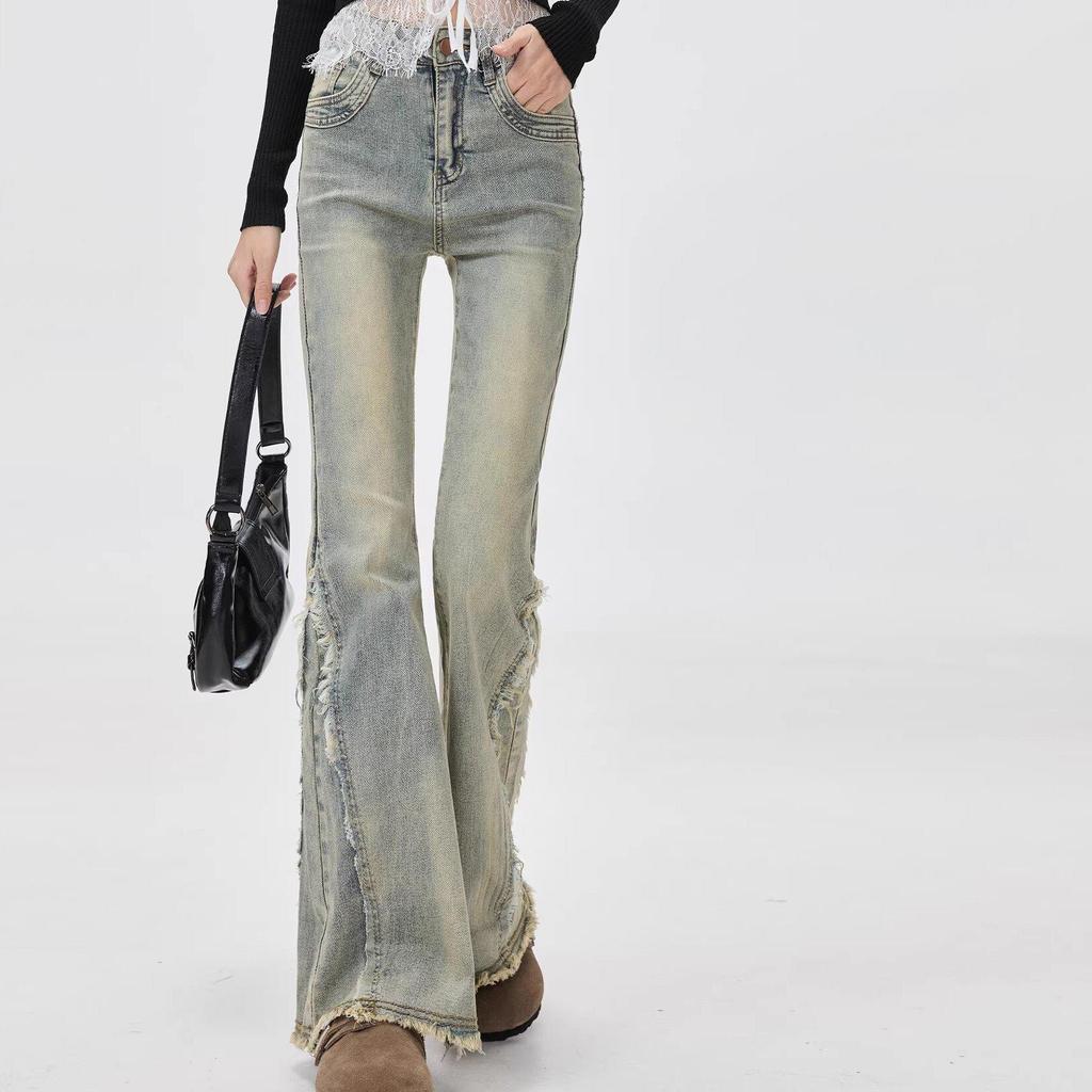 Spicy Girl Retro High-Waisted Flare Jeans for Women - Frayed Hem, Spliced Design, Slim Fit, Elongating Effect