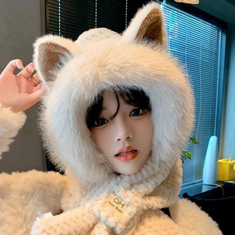 Cute Fox Ears Plush Hat Scarf Integrated Autumn and Winter New Warm Ear Protection Cute Cold Women