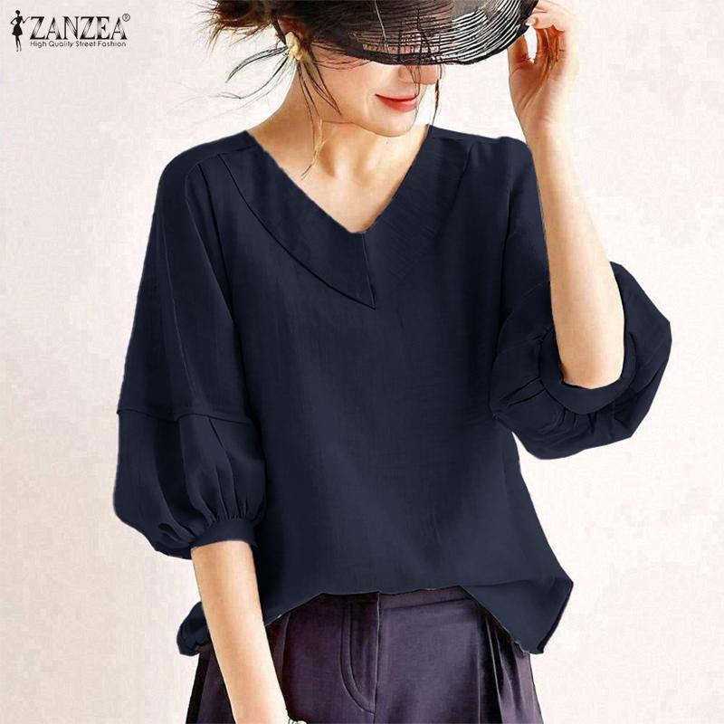 ZANZEA Women Casual V-Neck Solid Color 3/4 Sleeve Blouse