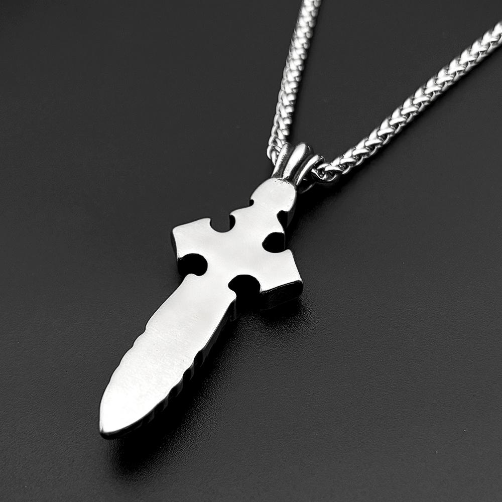 Vintage Gothic Punk Knight Sword Cross Pendant Necklace for Women Men Stainless Steel Silver Color Knife Chain Jewelry Gift