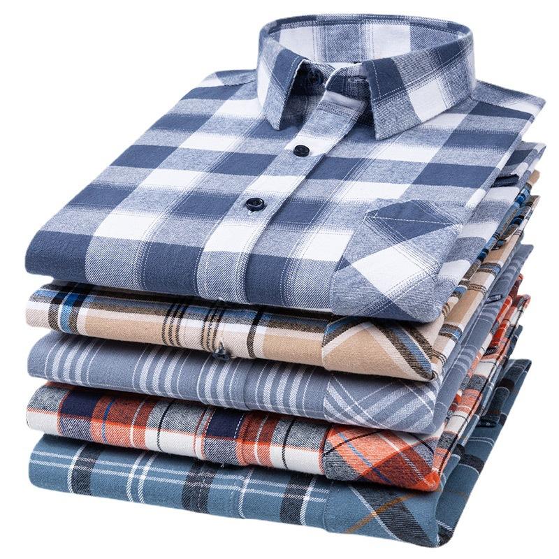 Men's Spring and Autumn Brushed Cotton Top Plaid T-shirt Casual Long Sleeve Turn Down Collar Shirt