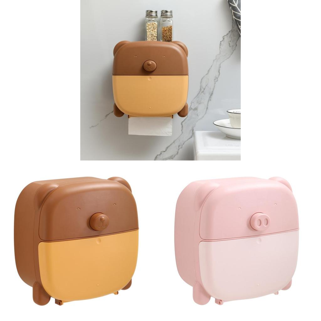 Pink Pig Bear Wall Mount Tissue Organizer With Nodrill Installation For Home Use And Gifting