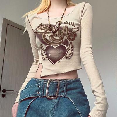 Vintage 90s T-shirts Women Y2k Cropped Long Sleeve Graphic Tops Hippie American Style Gyaru Streetwear Female T-shirts