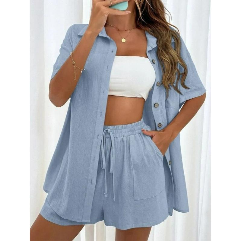 Fashion Shorts Two-piece Solid Color Shirt Suit Women's Casual Loose Short-sleeved Single-breasted