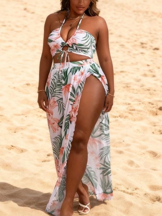 

Large size split swimsuit printed sexy bikini three-piece neck strap long skirt blouse large size swimsuit 5XL