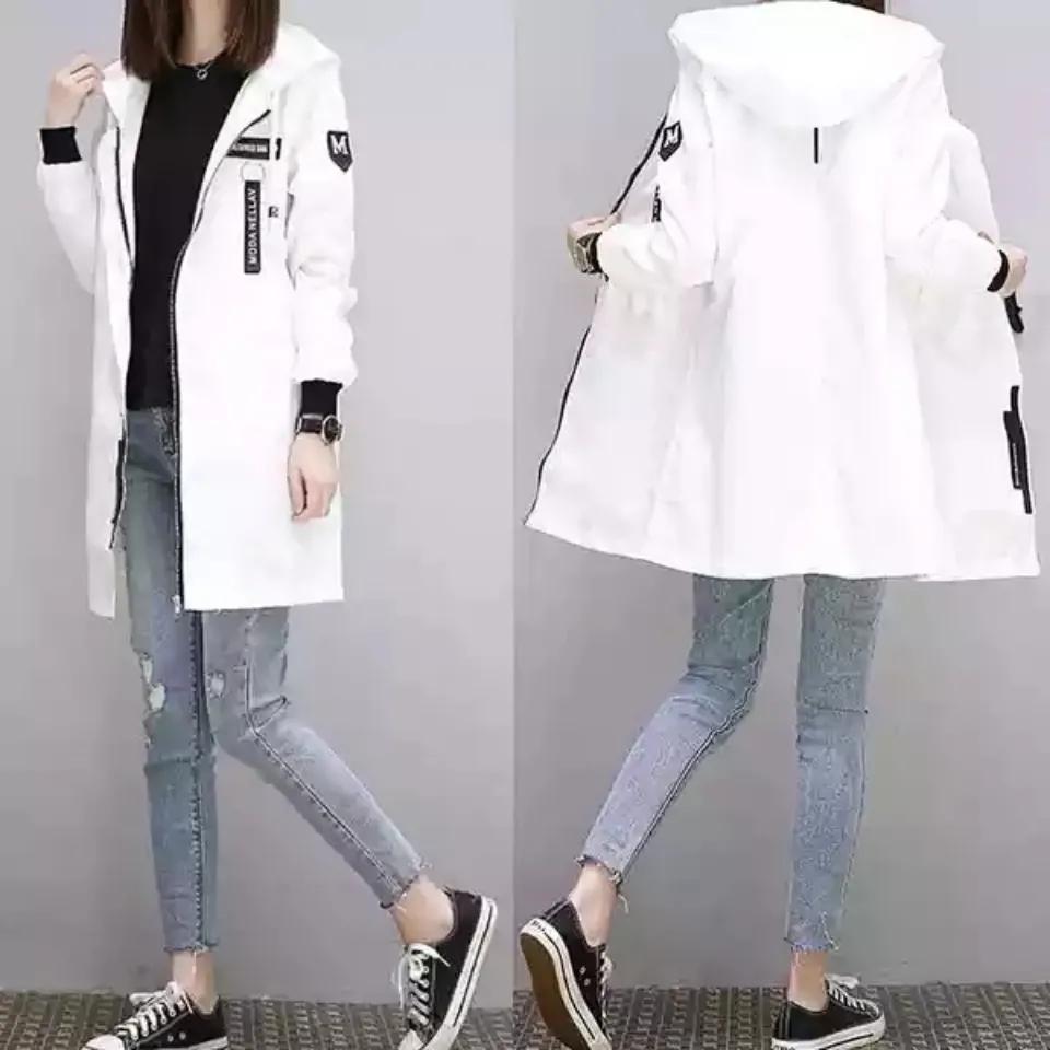 Damen Frühling und Herbst Mittellanger Windbreaker mit Kapuze Student Letters Loose Baseballanzug