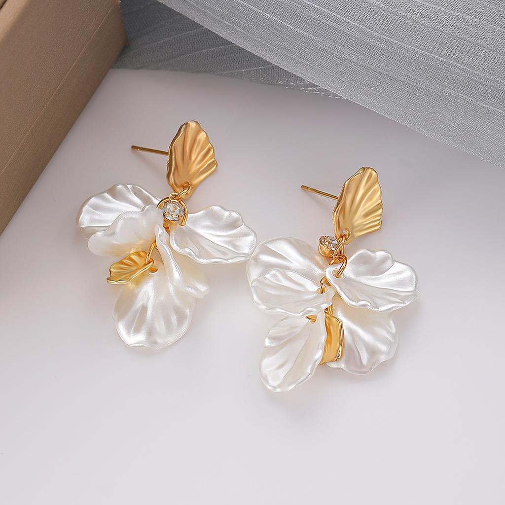 Iridescent White Flower Petal Drop Earrings Gold Tone Brushed Metal Dangle Studs Elegant Summer Floral Jewelry for Women