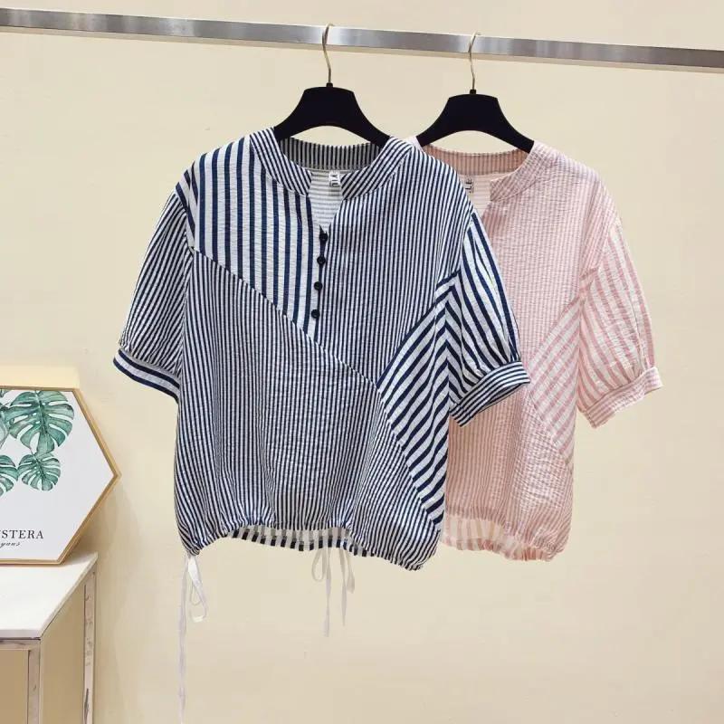 Women's Summer Irregular Stripe Short Sleeve Shirt Design Splicing Personalized Comfortable Top