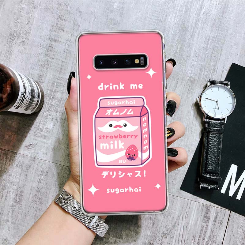 Kawaii Japanese Strawberry Milk Box Phone Case For Samsung Galaxy S26 S25 Edge S24 S23 FE S22 Ultra S21 Plus S20 + Fundas Cover