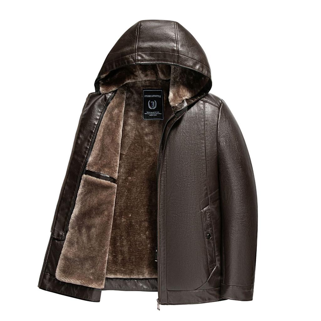High-end New Leather Jacket for Men In Autumn and Winter Plus Velvet Warm Short Sheepskin Jacket Detachable Hooded Leather Jacket