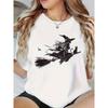European Size Women's Casual Short Sleeve T-Shirt with Witch On Broomstick & Bats Print, Contrast Color Block Design, Round Neck, Machine Washable