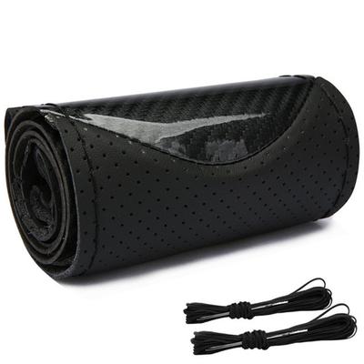 New DIY Deluxe Glossy Black Carbon Fiber+Leather Car Steering Wheel Cover Trim 38cm