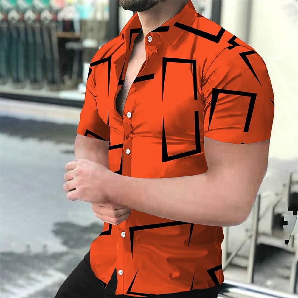 Men's Geometric Line Printed Shirt, Summer Casual Fashion, Lapel Button,Comfortable Fabric, Short Sleeve Shirt, 2024