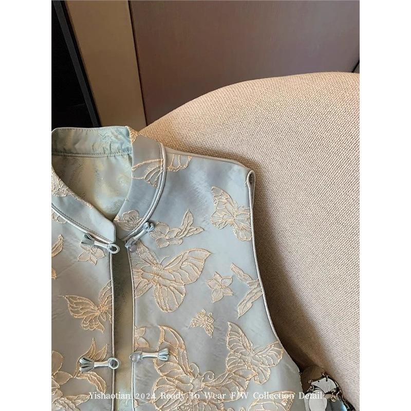 2025 new thin temperament buckle vest blue butterfly embroidered high-end vest women
