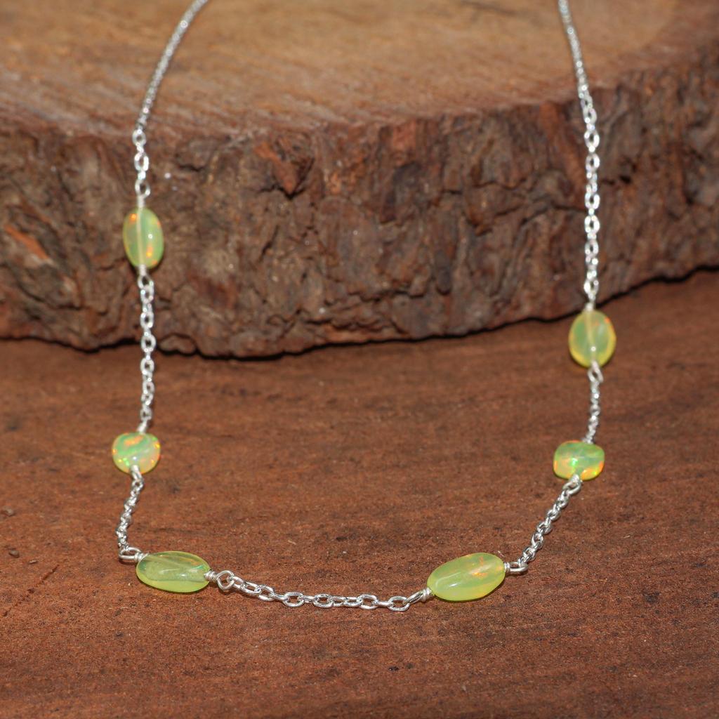 Feuergelbe Opal Trommelstein Halskette: Sterlingsilber, Zarter Edelstein