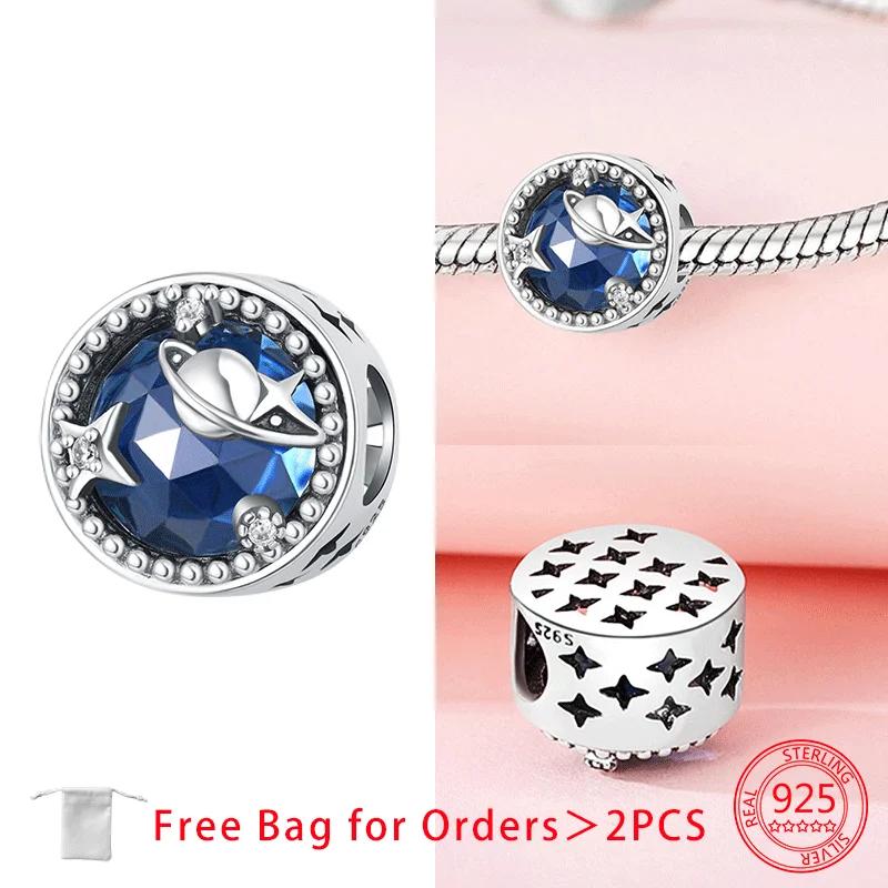 Copper Blue Zircon Heart Love Starry Sky Moon Stars Charms Beads Fit Diy Bracelet Women Jewelry Delicate Fine Gift