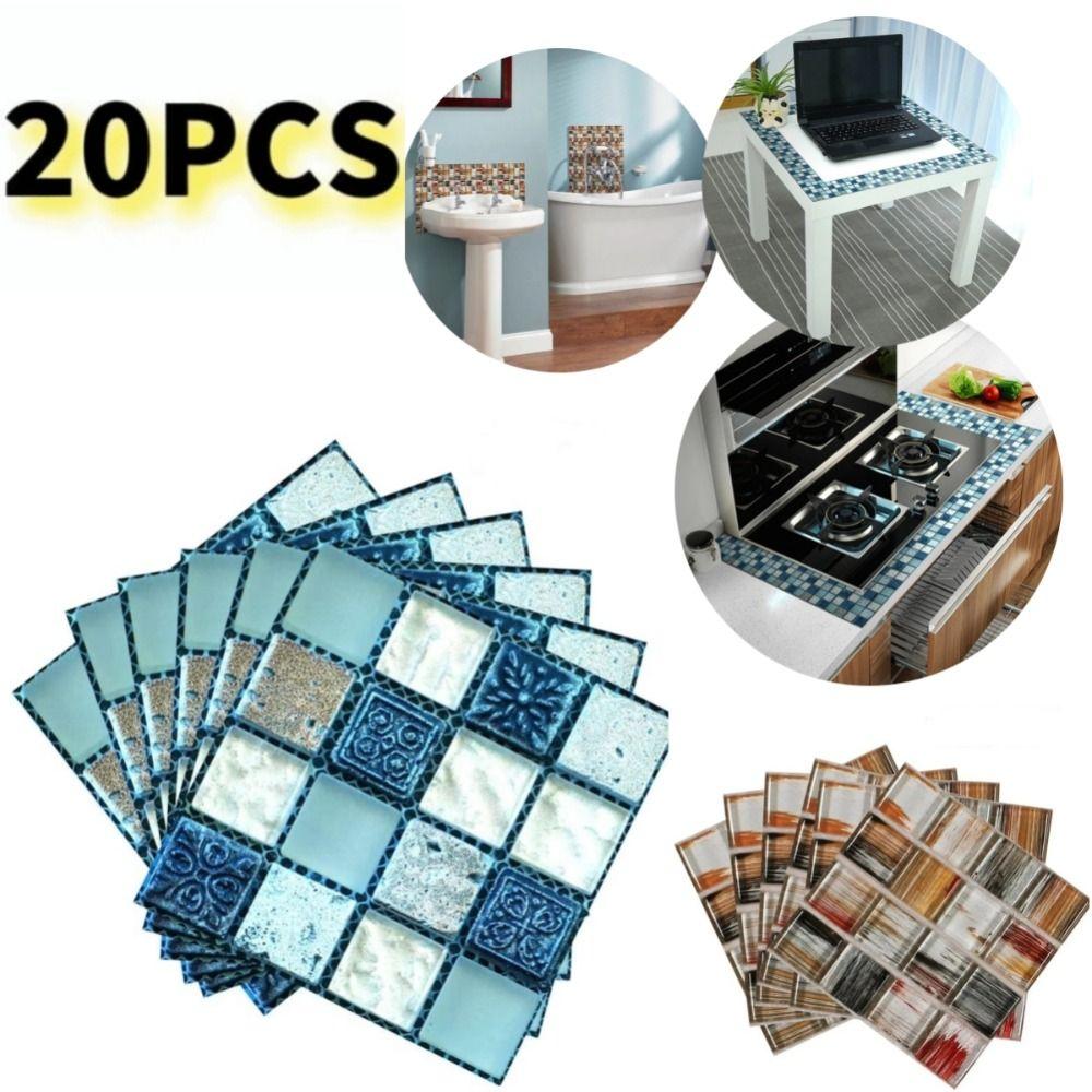 20pcs/set New Self Adhesive Wall Sticker Waterproof Oil Resistant Art Decals Flat 3D Mosaic Tile Wallpaper For Living Room