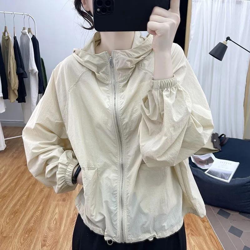 Korean Thin Solid Color Female Hooded Sun Protection Tops Coat Summer Female Loose Fitting UV Protection Sun Protection Coat