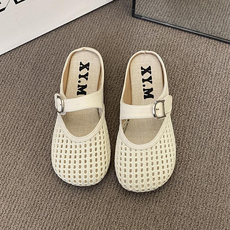 Internet Celebrity Hollow with Skirt Bag Head Slippers 2025 Summer New Popular Flat Bottom Mesh Half Drag Ins Breathable Sandals