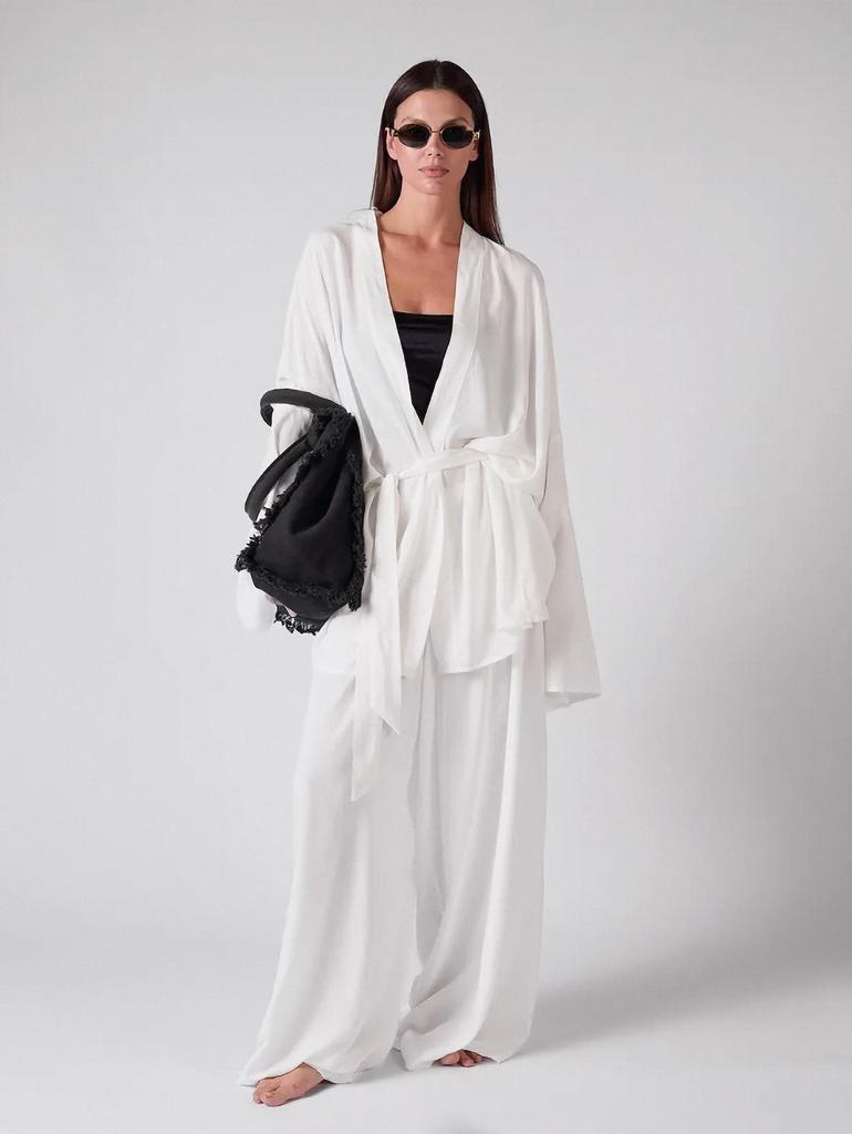 Elegant Tie-Up Cardigan & Long Pants Set - Solid Color, Long Sleeve, European & American Style Women's Home Wear