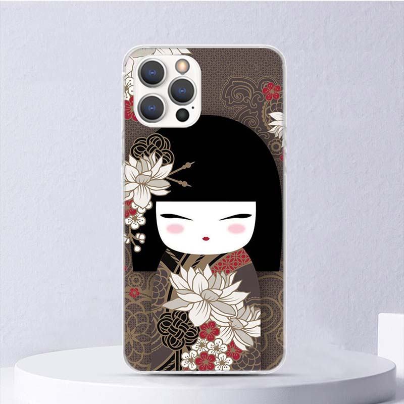 Kokeshi Doll Kimono Girl Soft Case For iPhone 16 17 Air 16E 15 Plus 11 12 13 Mini 14 Pro Max Phone Cover Apple 7 8 SE Coque Fund