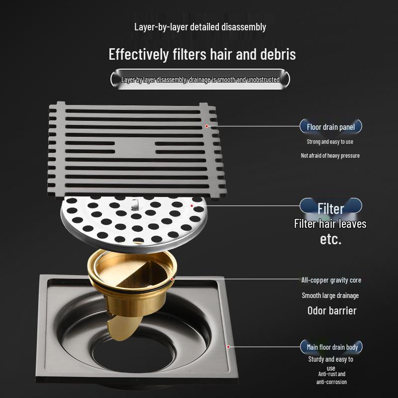 Gunmetal Gray 304 Stainless Steel Odor-Resistant Floor Drain with Copper Core for Shower & Washing Machine.