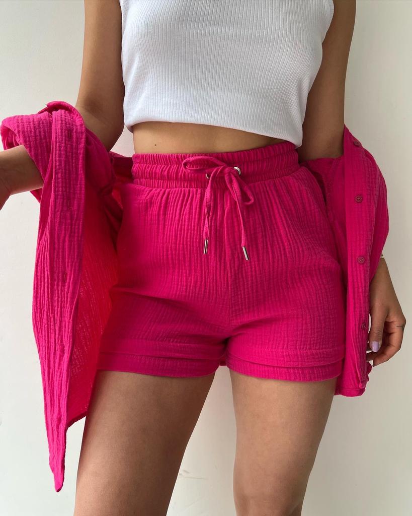 European and American Women's Crinkle Lapel Shirt & High Waist Shorts Two-Piece Set