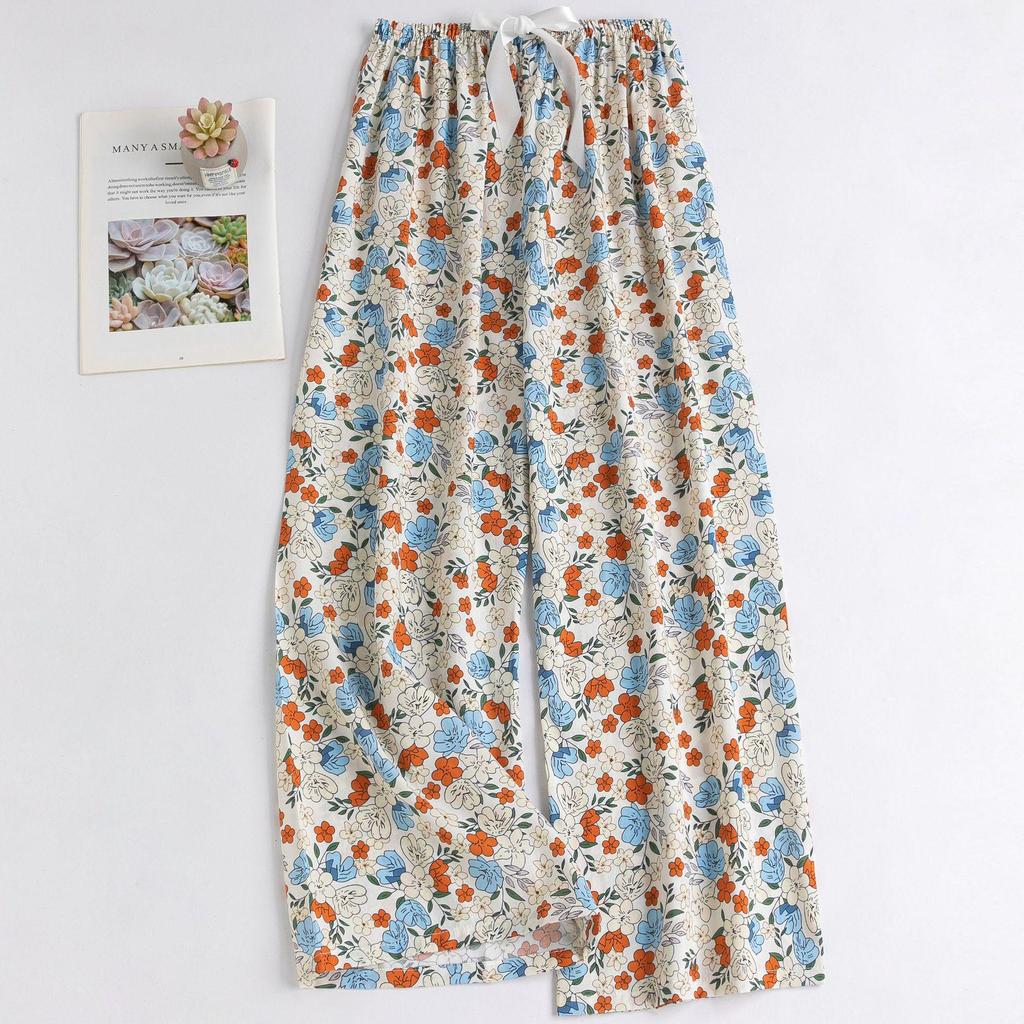 Women's Floral Cotton Silk Pajama Pants, Mosquito Repellent, Outdoor & Home Wear, Plus Size, Lightweight Summer Style.