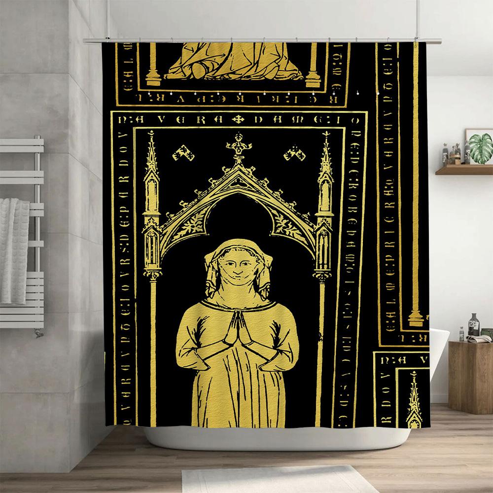 Vintage Gothic Bathroom Shower Curtain Medieval Religious Illustration With Figure In Prayer Pose (Black Gold)