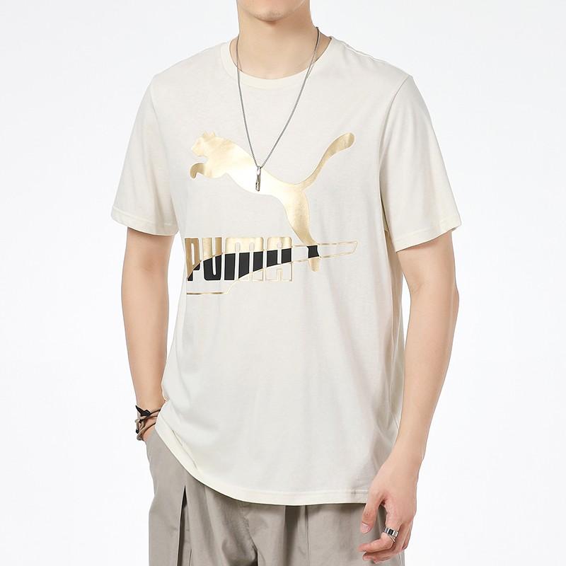 Puma Gold Foil Logo Print Sports Crew Neck T-Shirt Men Tops Off-White 534147-73