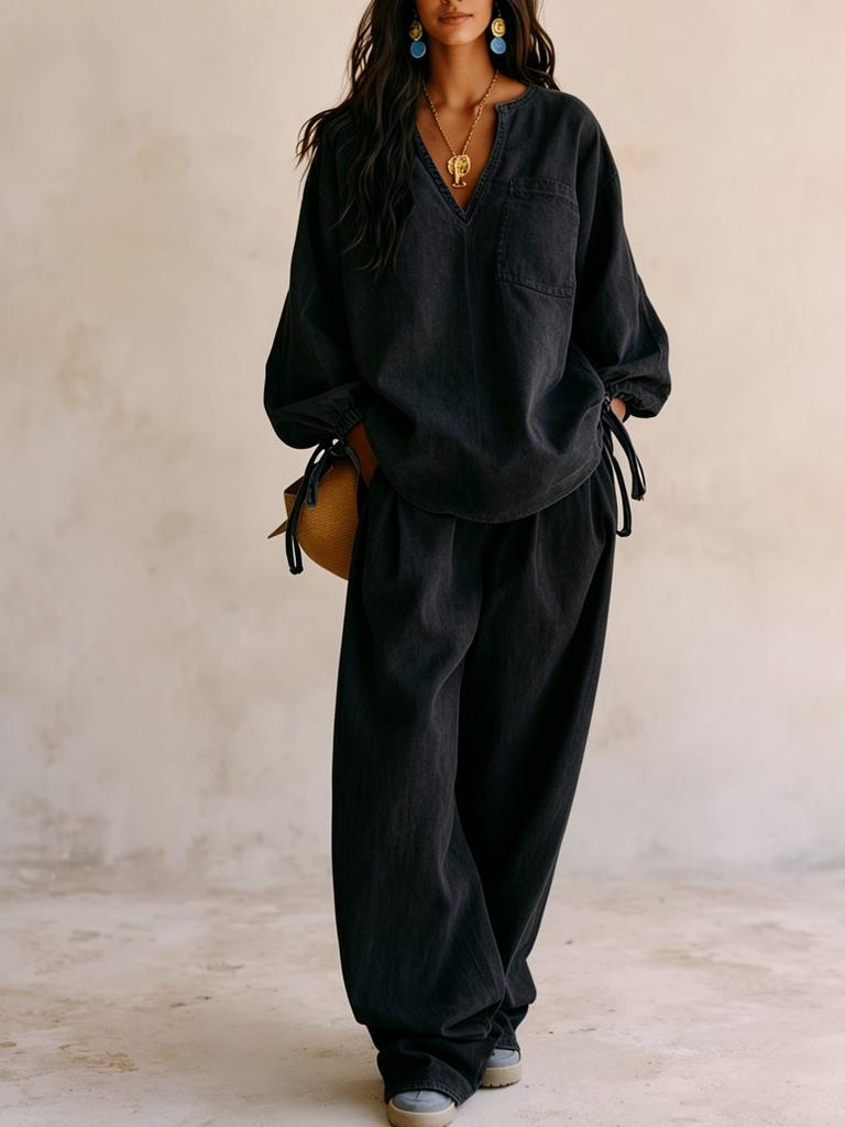 Neuer V-Ausschnitt Tencel Denim Anzug Damen Lockerer Kordelzug Oberteil Hohe Taille Weite Hosen Lässiger Anzug