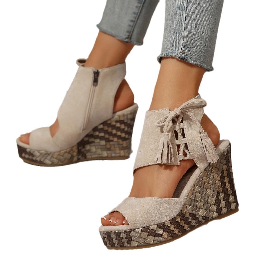 Large Size European and American Wedge Heel Sandals Women's Spring and Summer Fringed High Heel Fish Mouth Platform Women's Shoes Muffin Sole Shoes