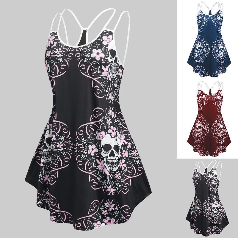 

Летняя мода Женская мода Череп Принт Спагетти Ремешки Без рукавов Танк Топы Ремешок Готический летний жилет Повседневный жилет Танк Топ Рубашки