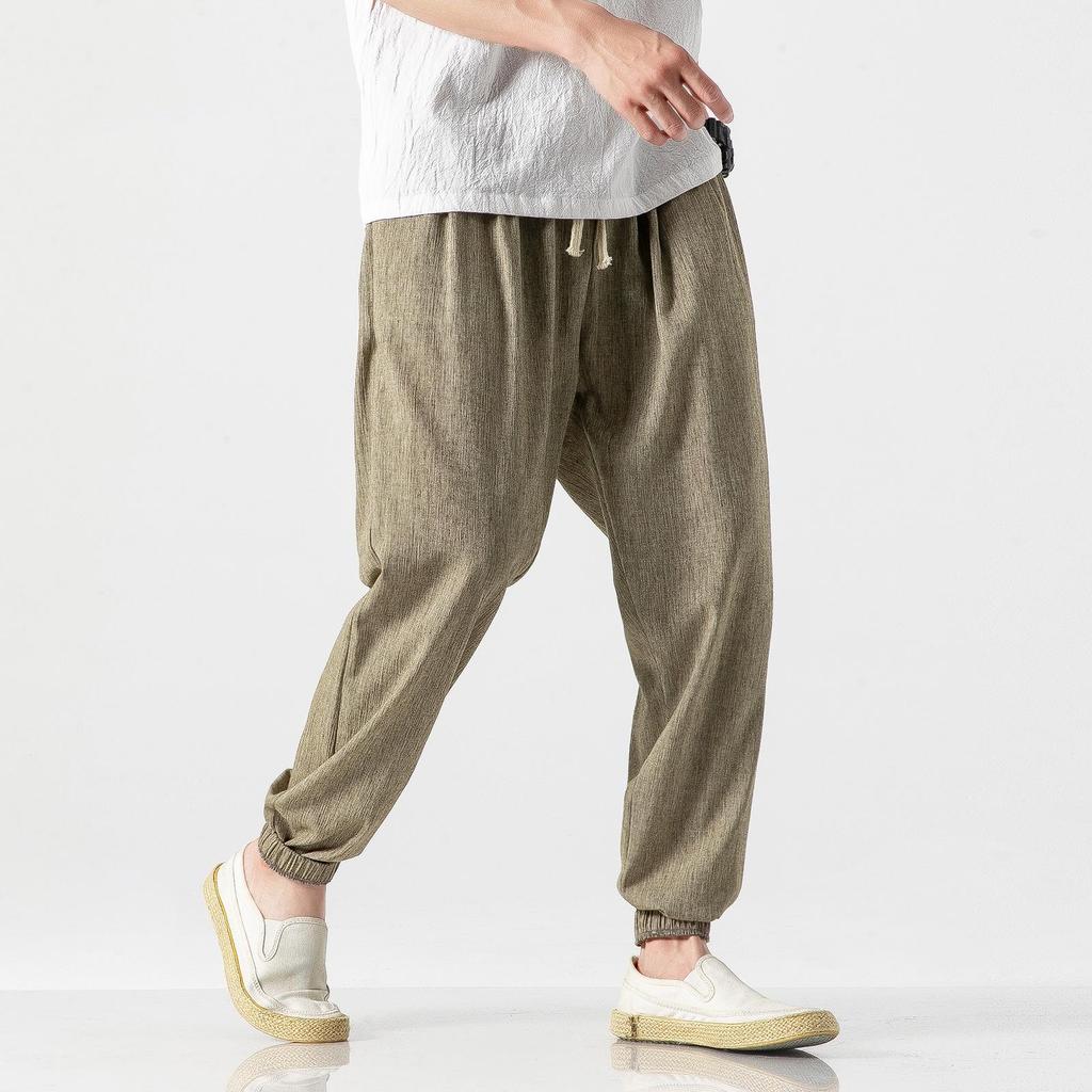 2024 Plus Size Men's Cotton Linen Harem Jogger Pants - Chinese & Japanese Style Lantern Design