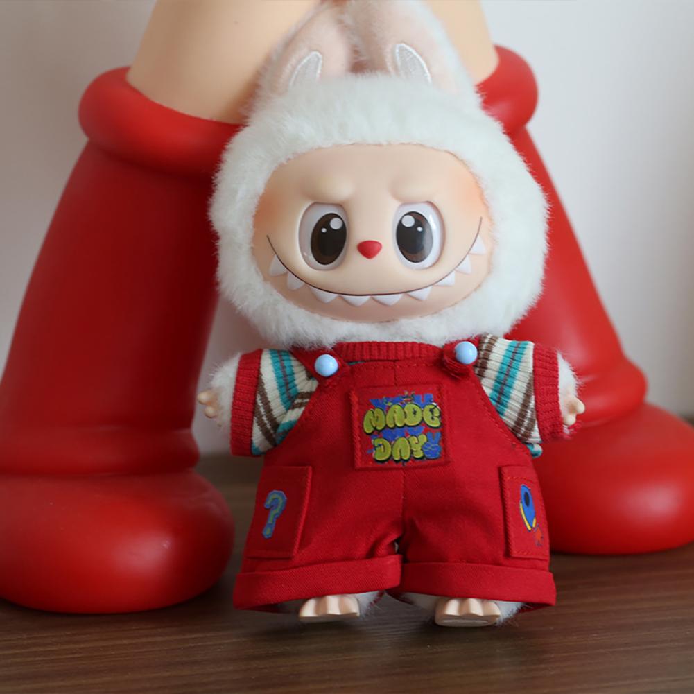 Für 17cm Labubu Puppenkleidung Modekleidung Rote Latzhose Kleidung Farblich passende Hemden Puppenzubehör Niedliche Dekoration Kleine Kleider