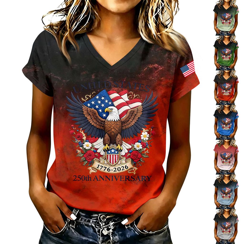 Women's Casual V Neck Short Sleeve T Shirt with Graphic Print United States Anniversary Eagle and Flag Design Lightweight Top