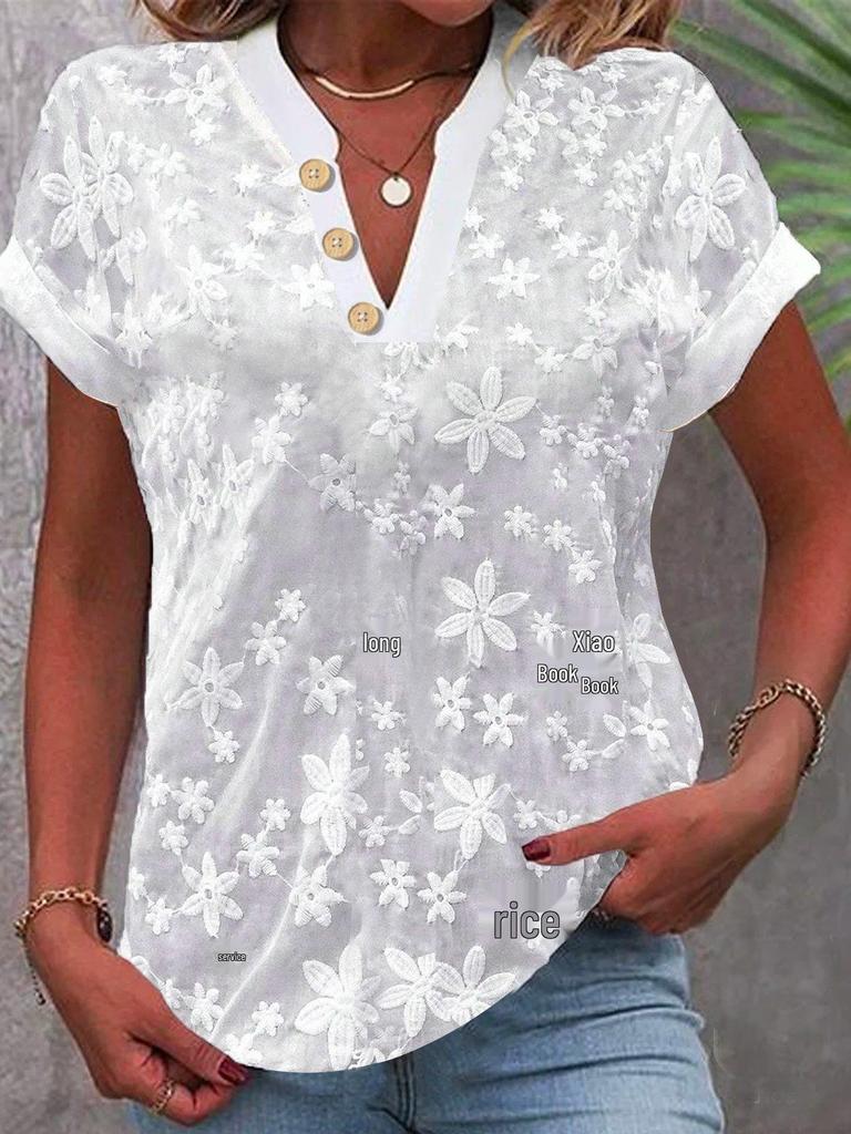 2025 Summer Casual Lace Embroidered V-Neck Women's Short-Sleeve Shirt